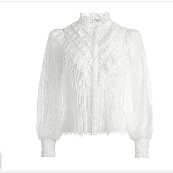 Alice + Olivia | RHEBA MOCK NECK BUTTON FRONT LACE TOP - Picture 4 of 13